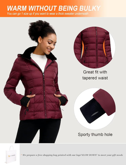 Women down Puffer Jacket with Hood Hooded Winter down Puffer Coat for Women with Faux-Fur Hood & Collar